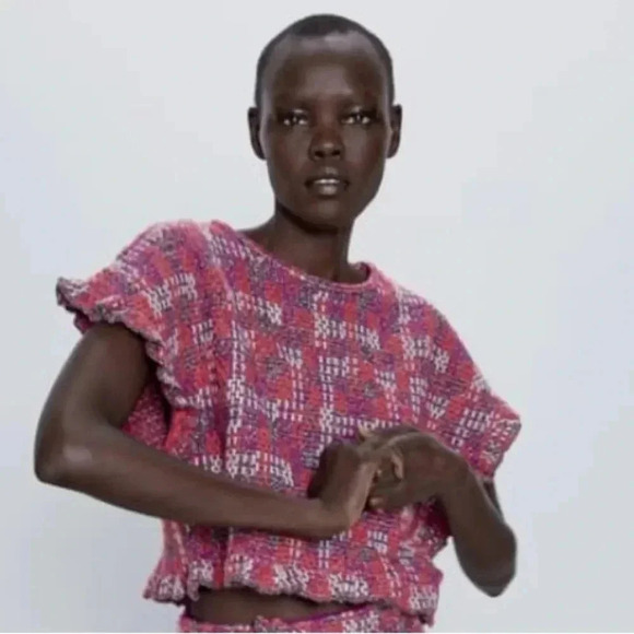 NWT Zara RUFFLED KNIT Cropped TOP Sweater Multi Color plaid - Picture 2 of 12